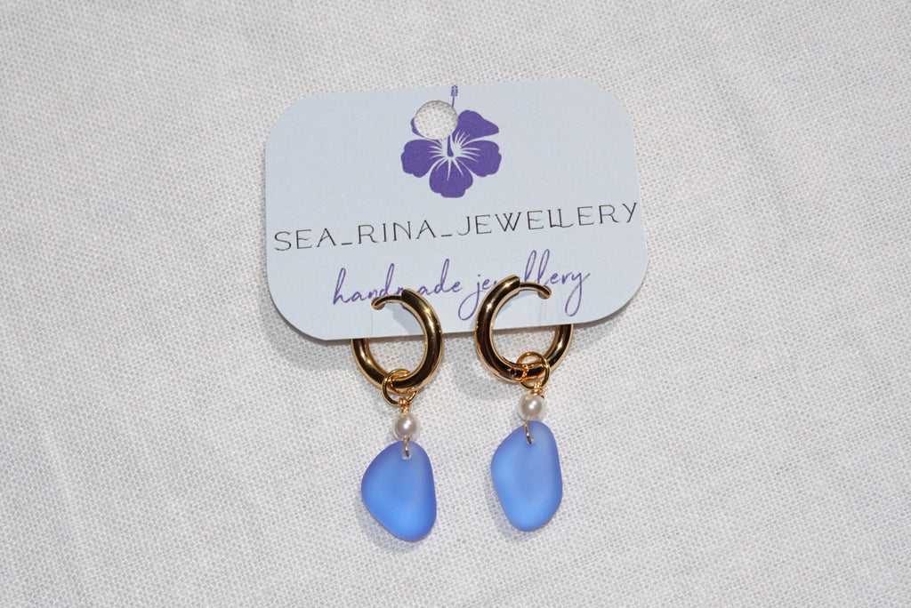 Lila Blue Beach Glass Hoops - gold