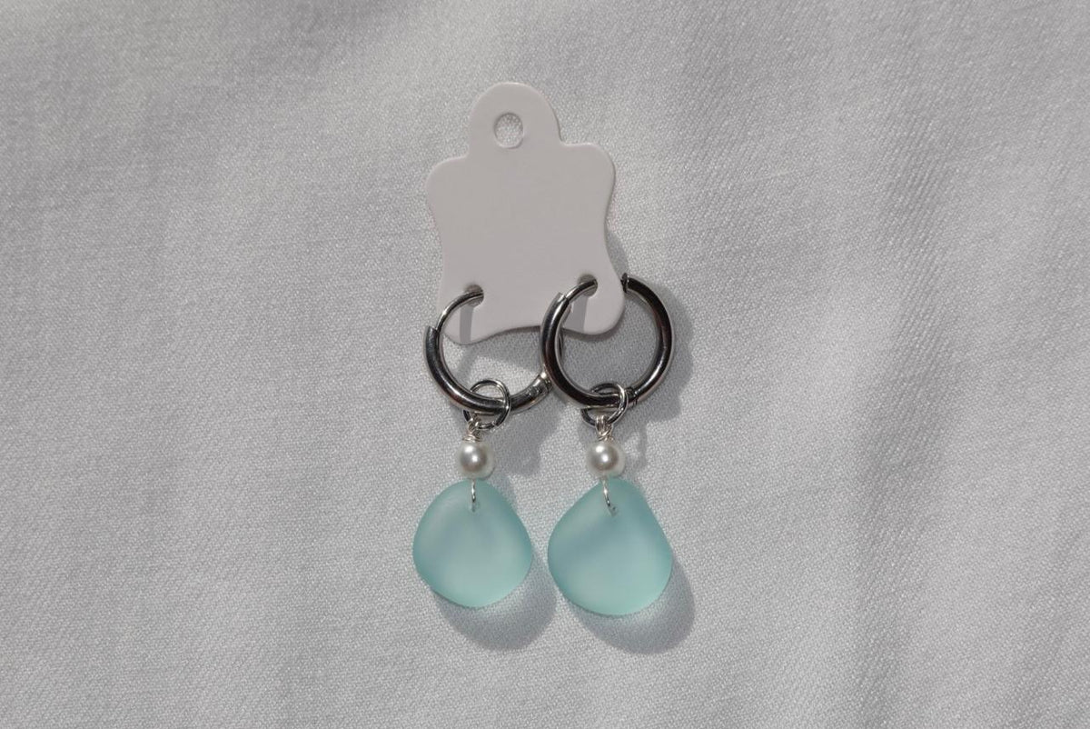 Light Blue Beach Glass Hoops - silver