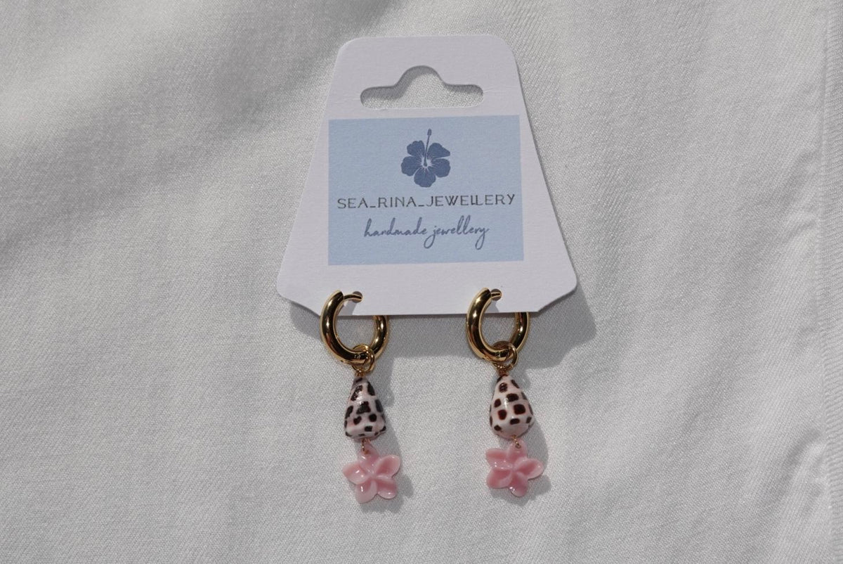 Hebrew Cone Shell Pink Plumeria Earrings ~ gold