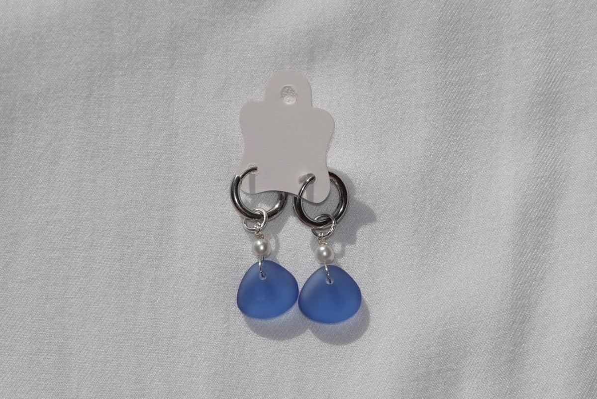 Lila Blue Beach Glass Hoops - silver