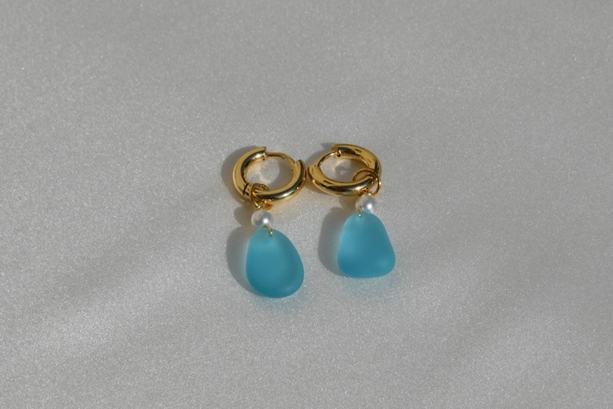 Light Blue Beach Glass Hoops - gold