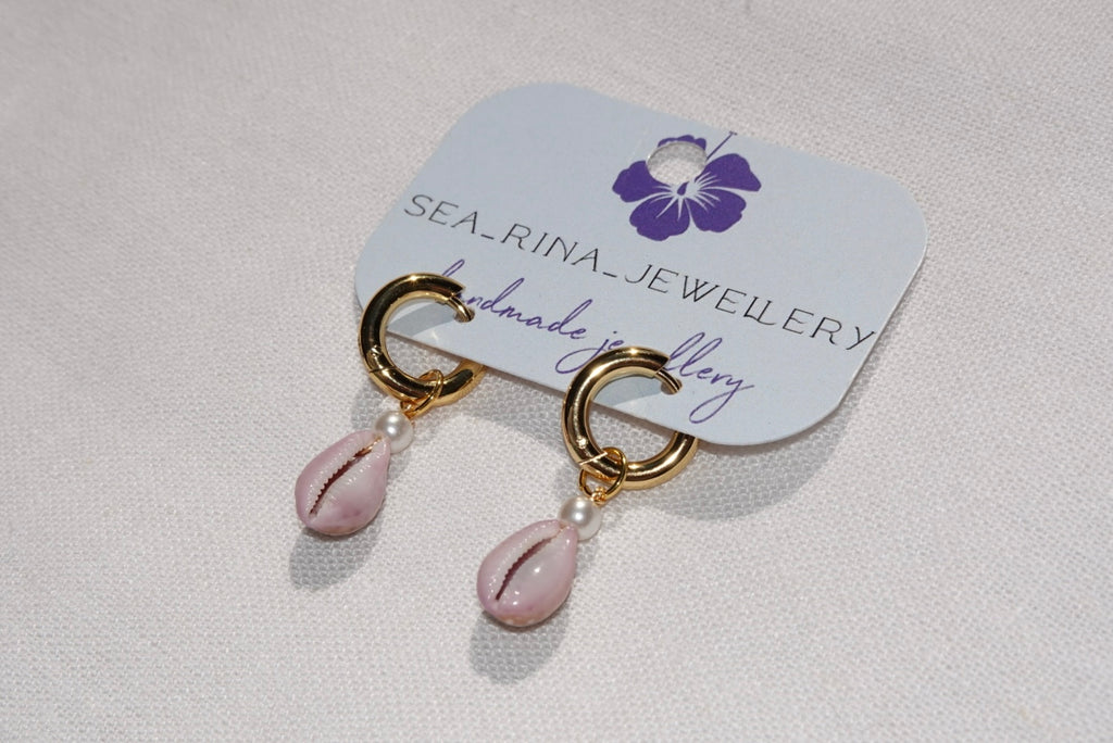 Purple Erosaria Cowrie Shell Hoops - gold