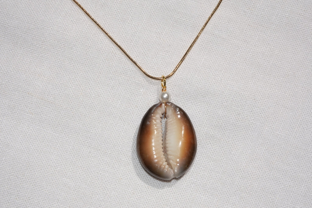 Brown Cowrie Shell Necklace - gold