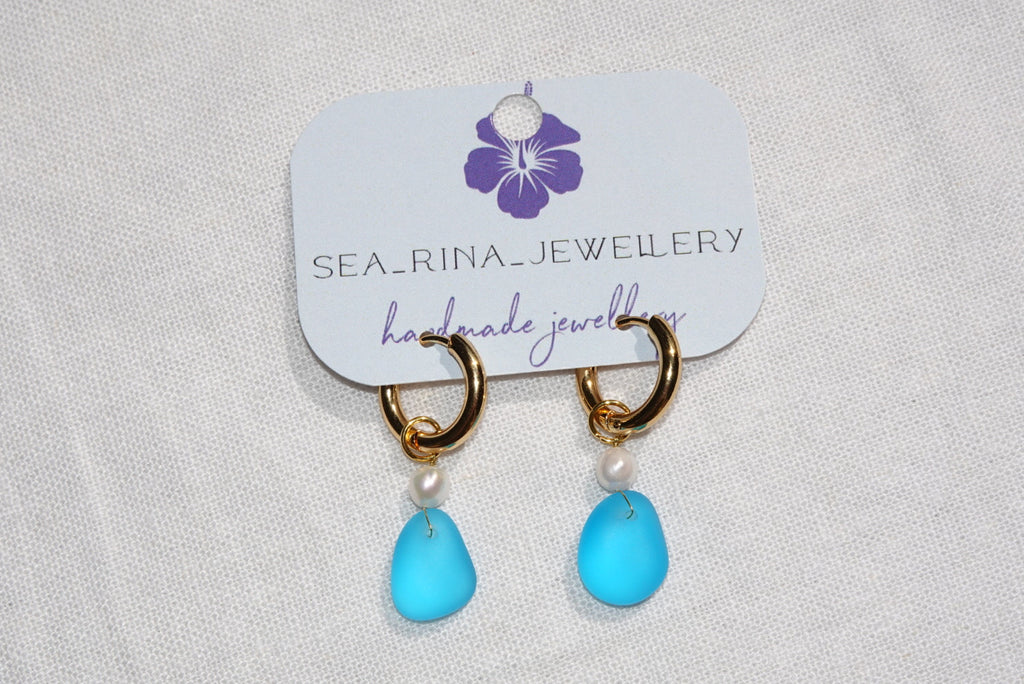 Blue Beach Glass Hoops - gold