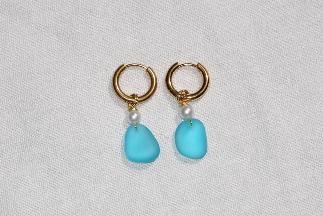Light Blue Beach Glass Hoops - gold