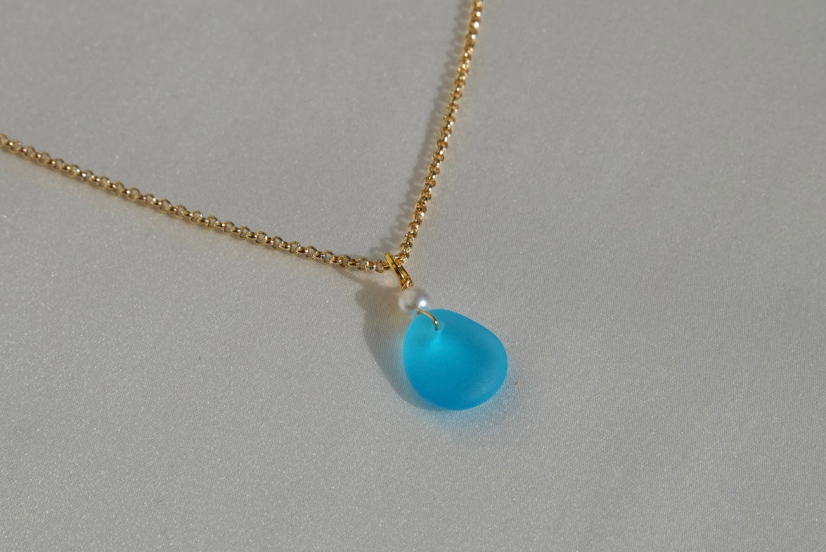Blue Beach Glass Necklace - gold