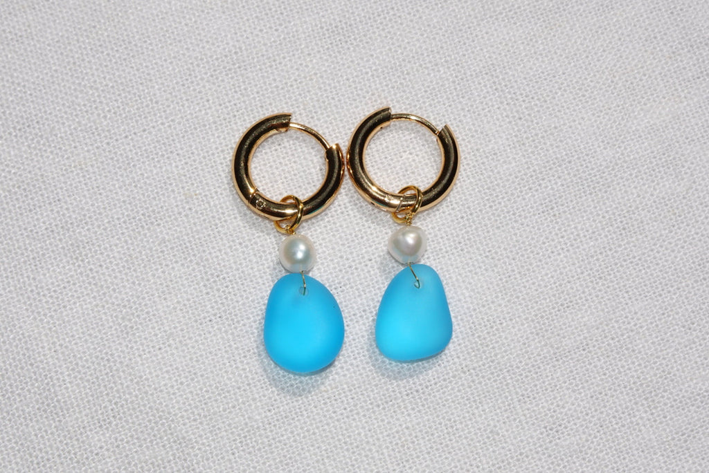 Blue Beach Glass Hoops - gold