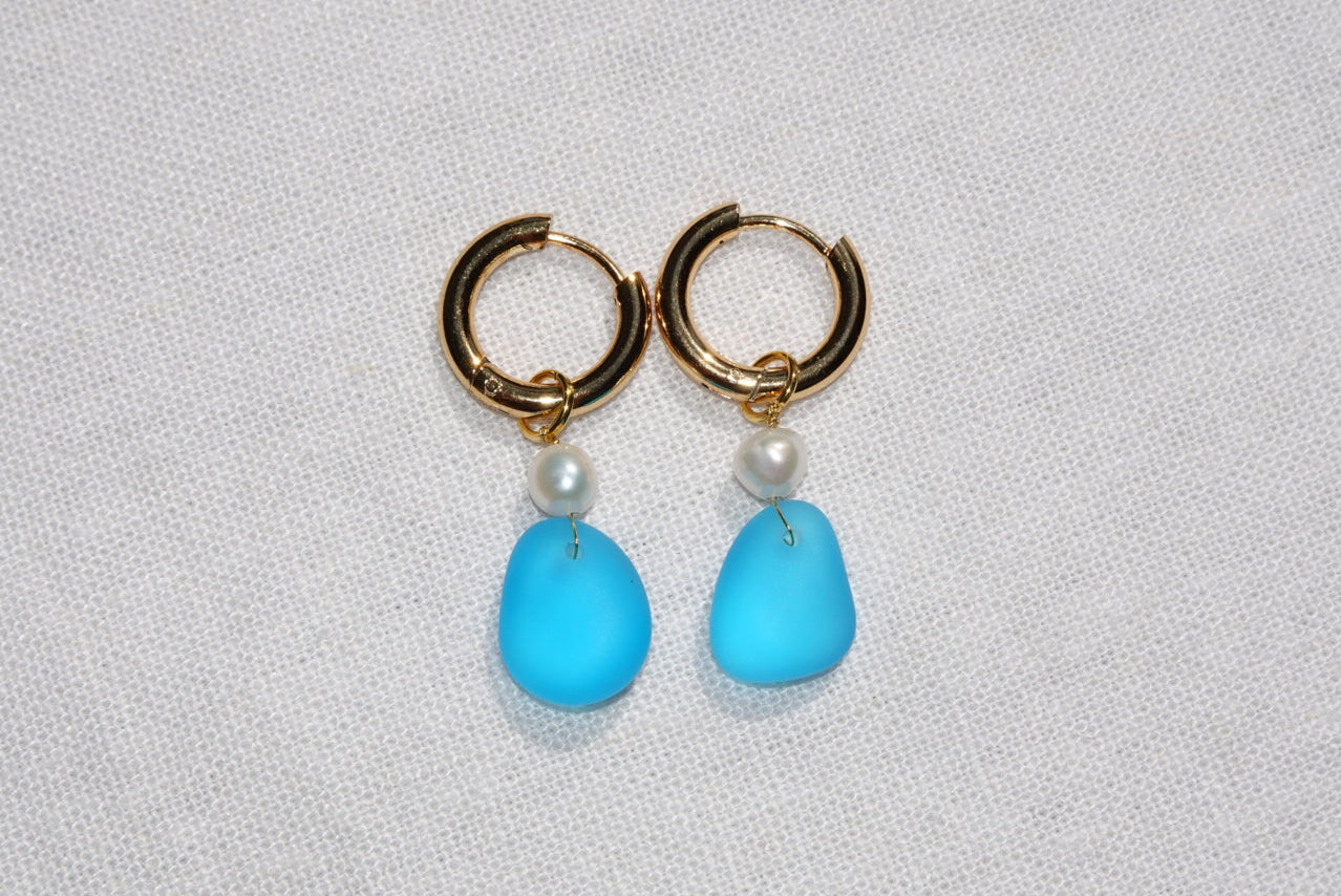 Blue Beach Glass Hoops - gold