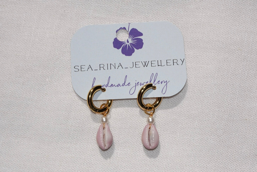 Purple Erosaria Cowrie Shell Hoops - gold