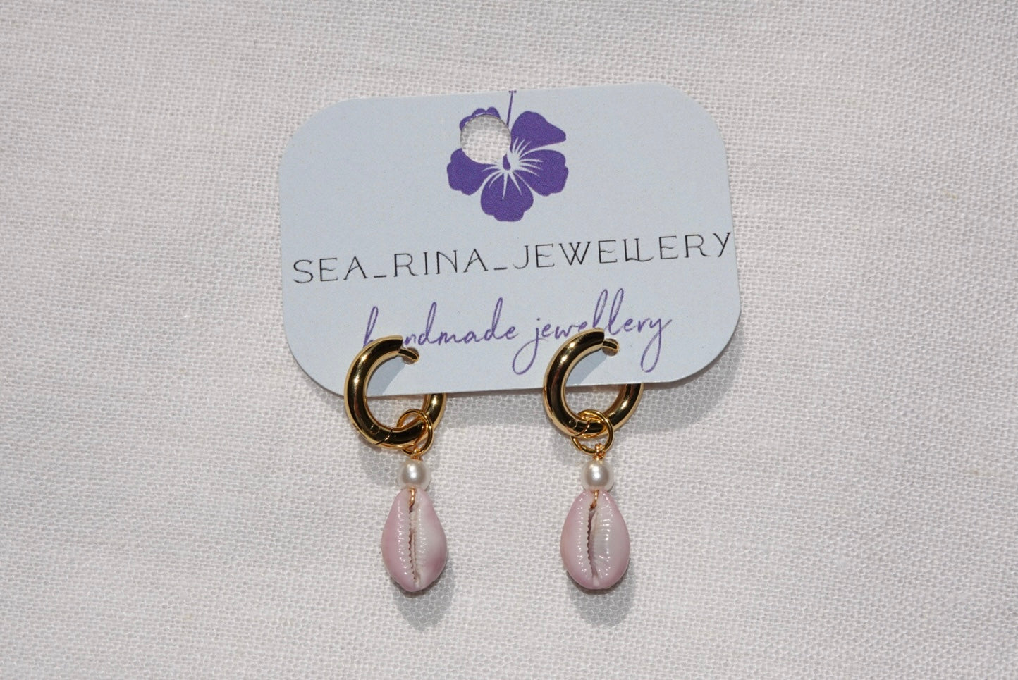 Purple Erosaria Cowrie Shell Hoops - gold