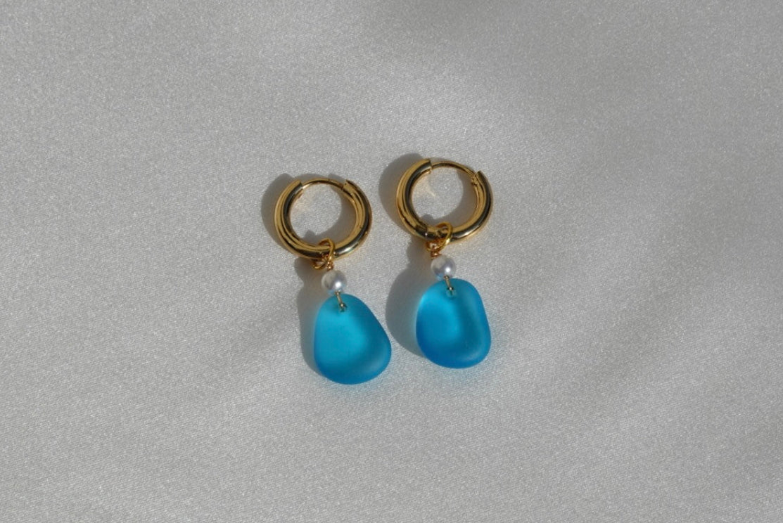 Blue Beach Glass Hoops - gold