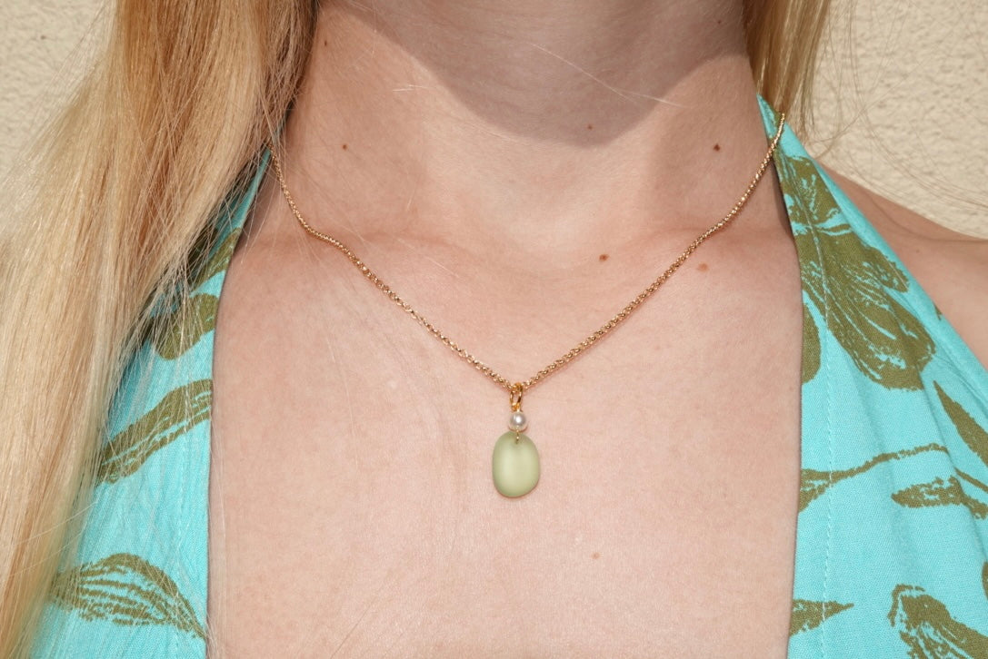 Light Green Beach Glass Necklace - gold