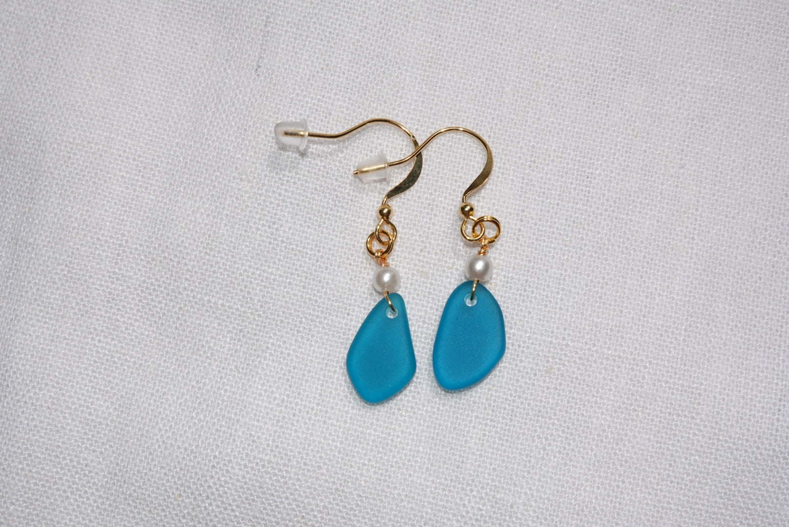 Petrol Blue Beach Glass Earrings ~ gold
