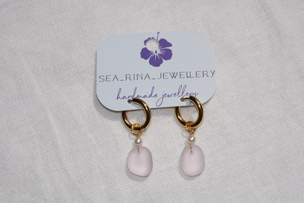 Light Pink Beach Glass Hoops - gold