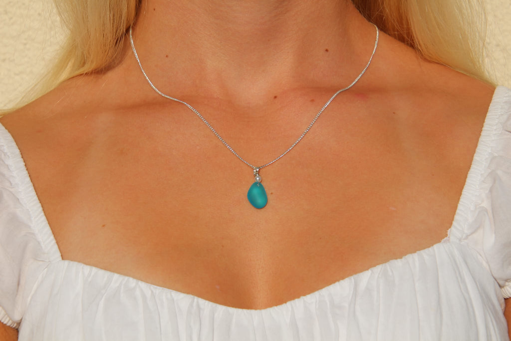Blue Beach Glass Necklace - silber