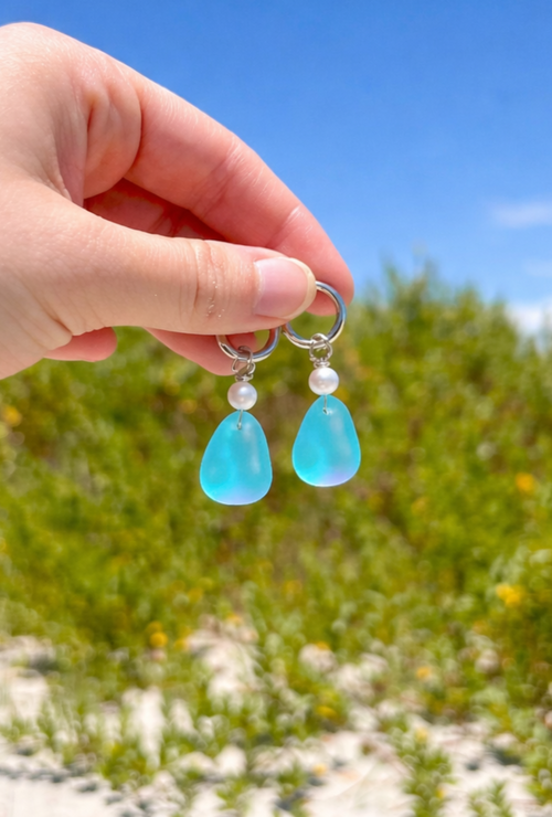 Blue Beach Glass Hoops - silver
