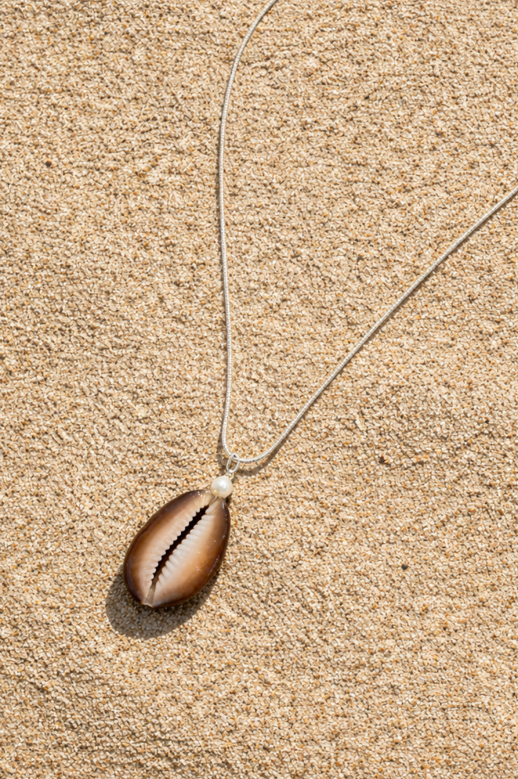 Brown Cowrie Shell Necklace - 925 sterling silver plated