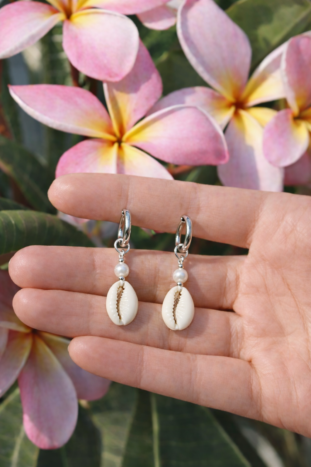 Cowrie Shell Hoops - silver