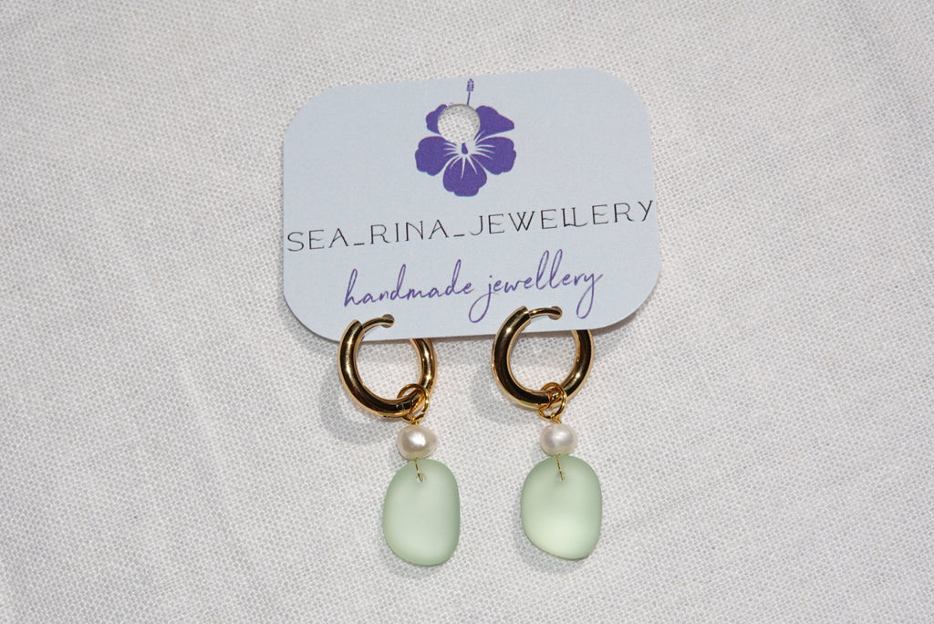 Light Green Beach Glass Hoops - gold