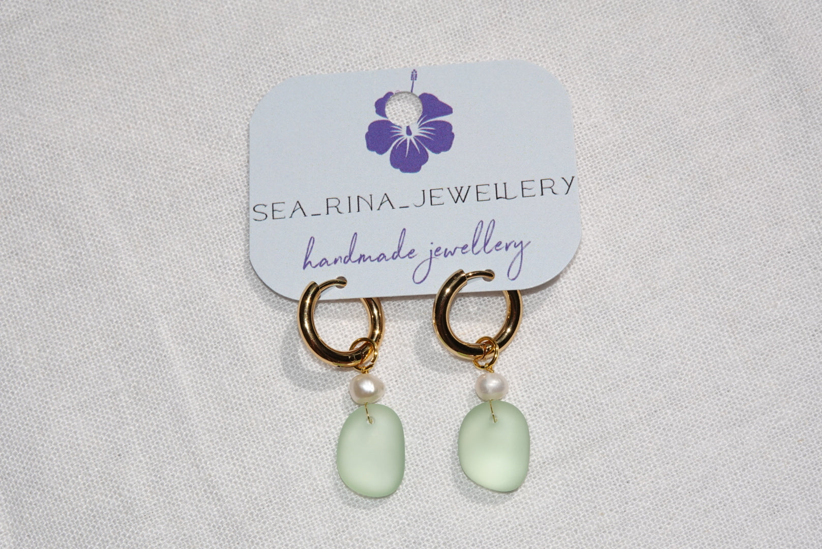 Light Green Beach Glass Hoops - gold