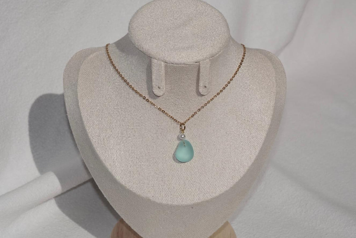 Light Blue Beach Glass Necklace - gold