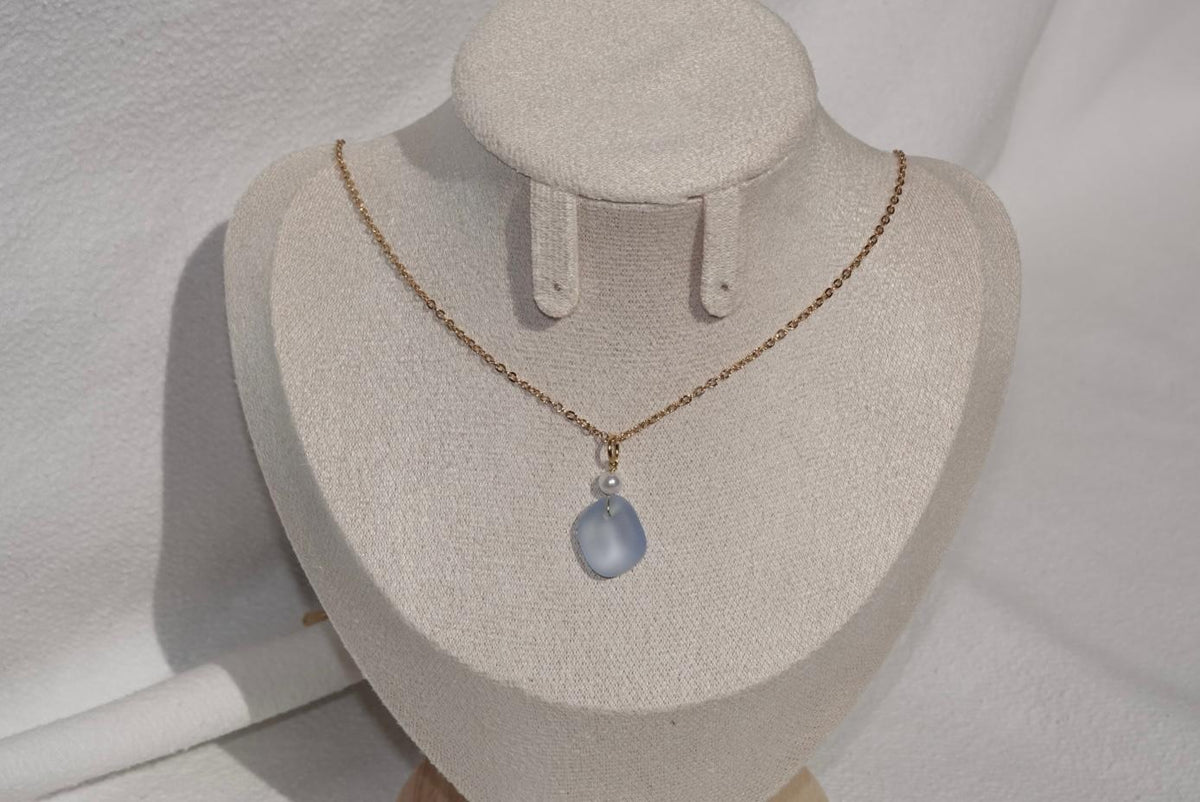 Light Lila Blue Beach Glass Necklace - gold