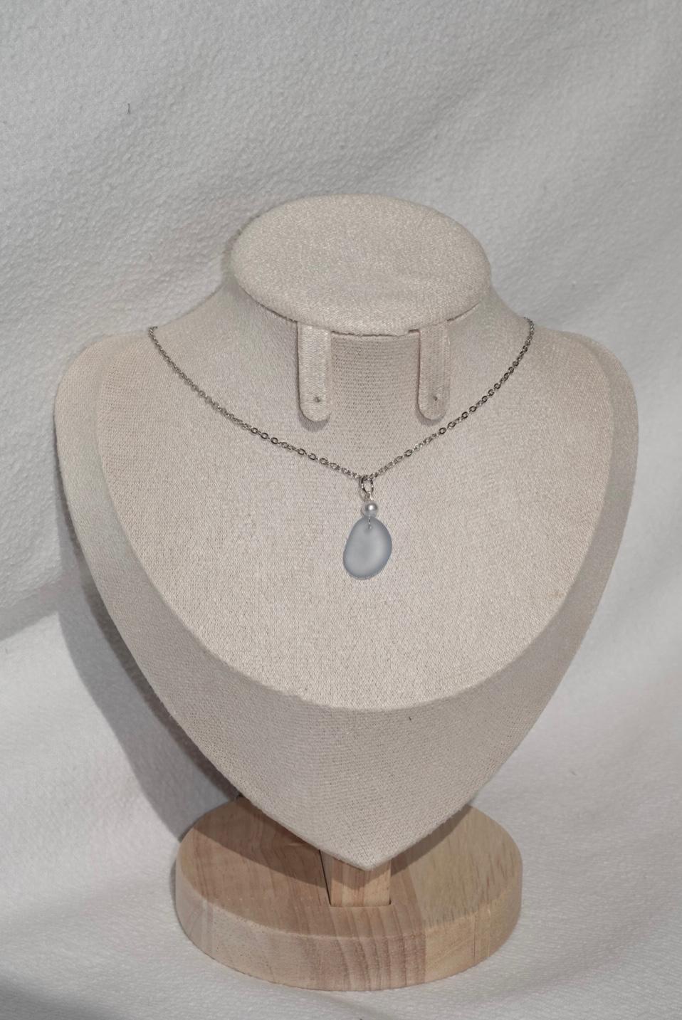 Light Lila Blue Beach Glass Necklace - silver
