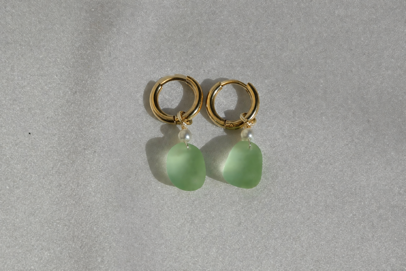 Light Green Beach Glass Hoops - gold