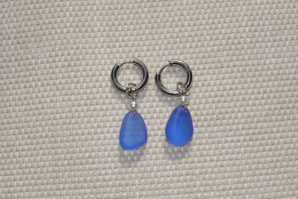 Lila Blue Beach Glass Hoops - silver