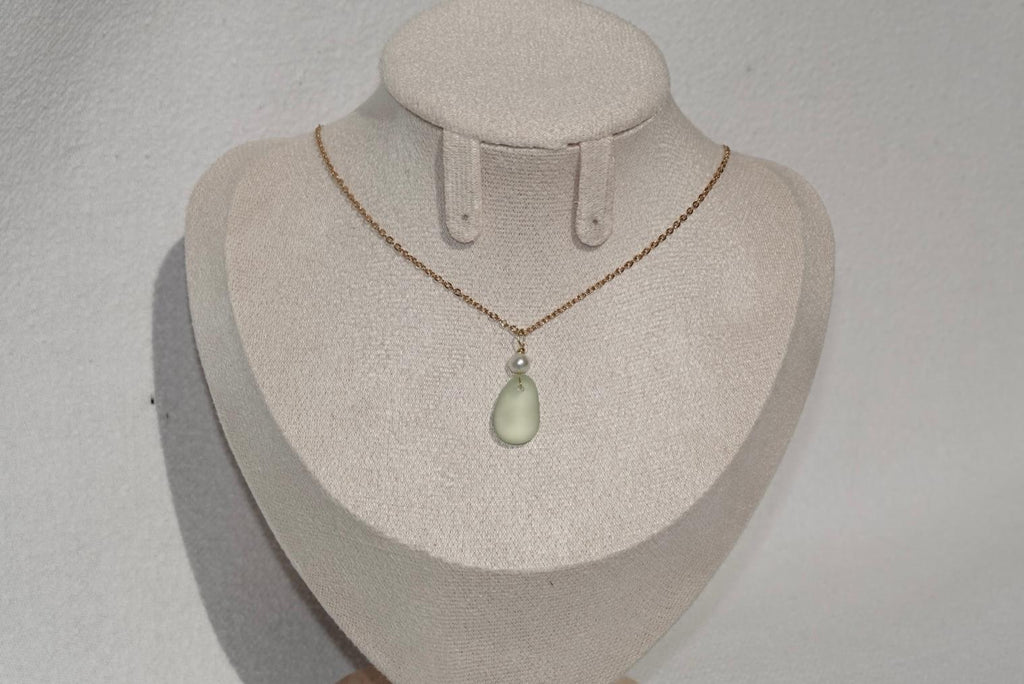 Light Green Beach Glass Necklace - gold