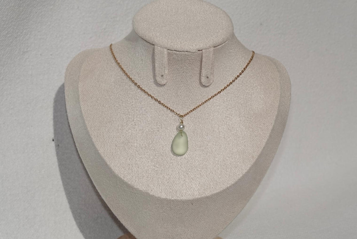 Light Green Beach Glass Necklace - gold