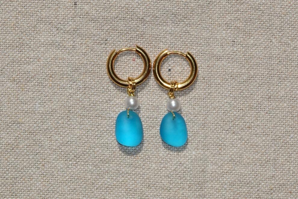 Blue Beach Glass Hoops - golden
