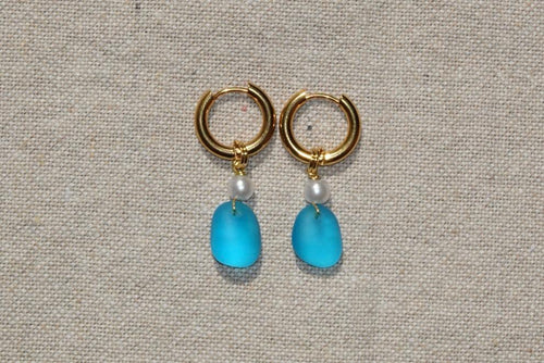 Blue Beach Glass Hoops - golden