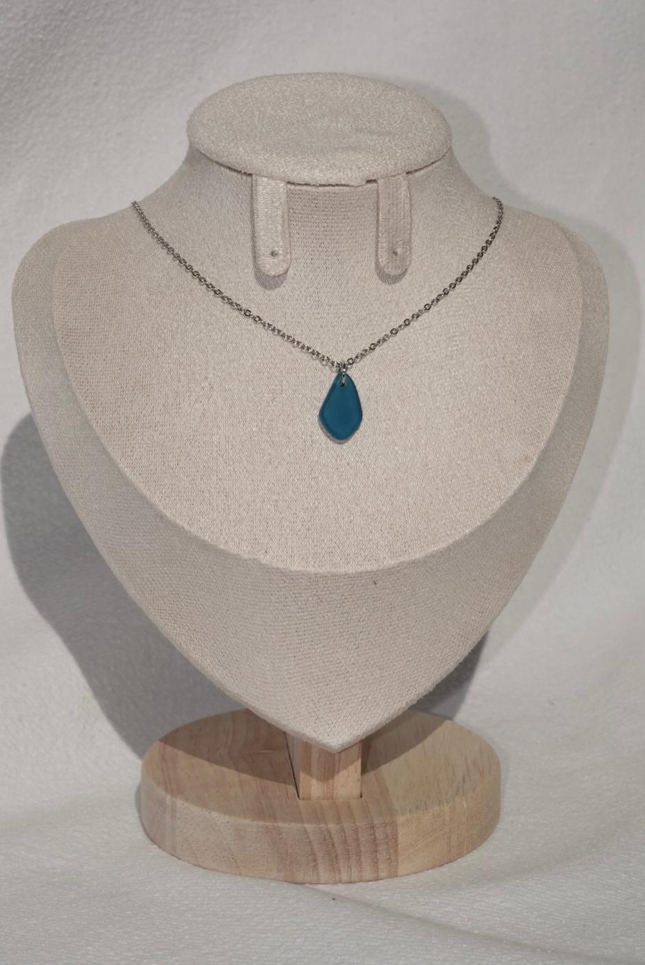 Petrol Blue Beach Glass Necklace - silver
